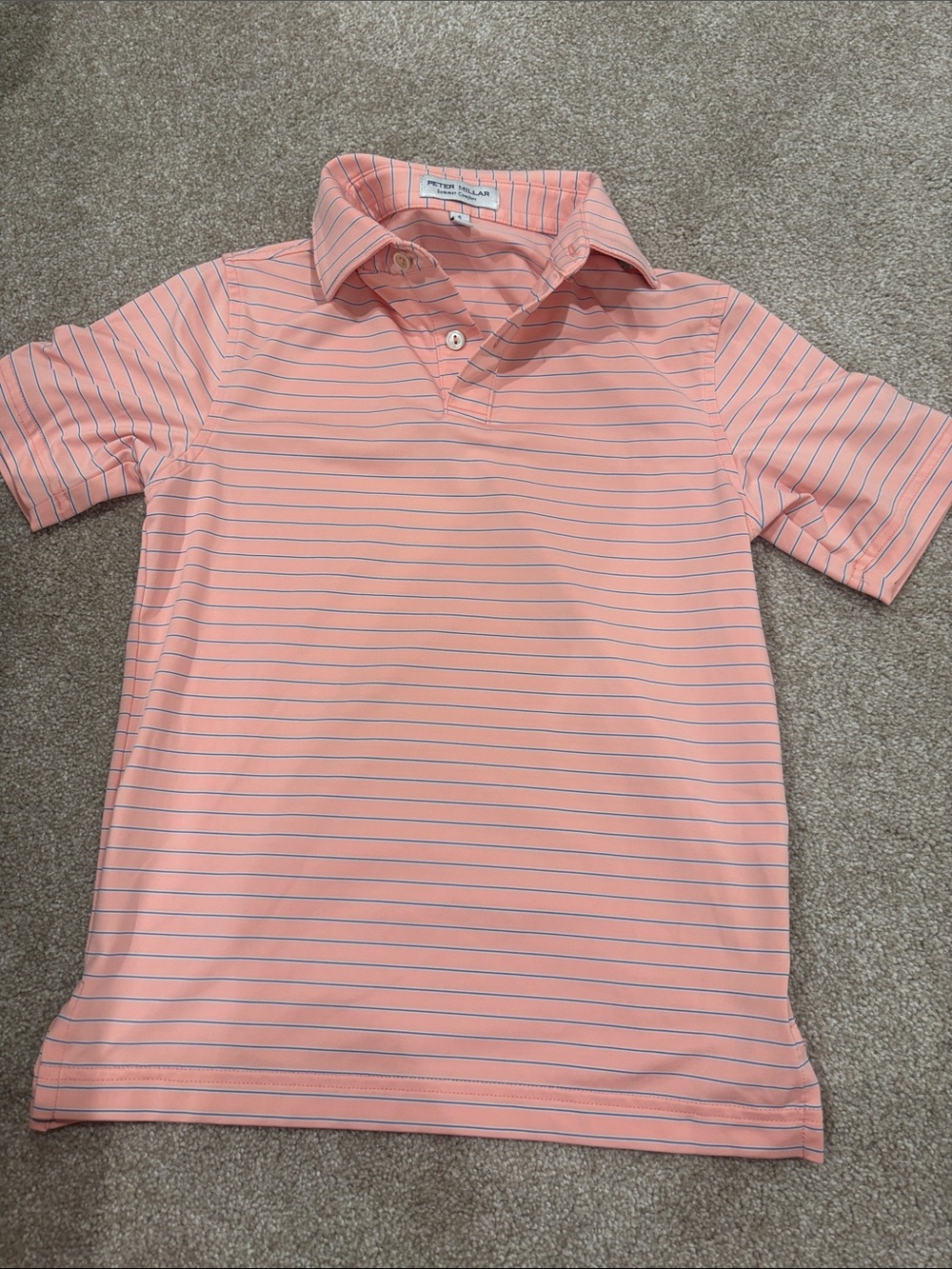 Peter Millar Boys Golf Peach Polo with Thin Navy Stripes
